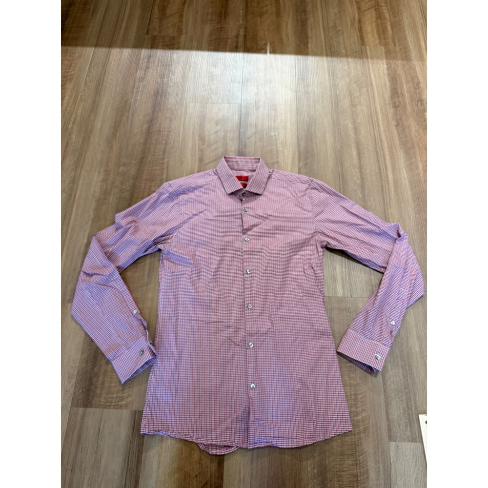 Hugo Boss Button Down Shirt Mens 15/38 34/35 Red Micro Check Slim Fit Stretch